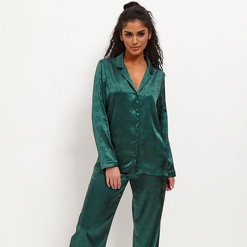 COMFY HOME Пижама шелковая зеленая брюки на широкой эластичной резинке