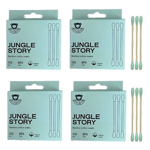 JUNGLE STORY Ватные палочки с зелёным ультра мягким хлопком 400 jungle story бамбуковые ватные палочки с органическим черным хлопком 400