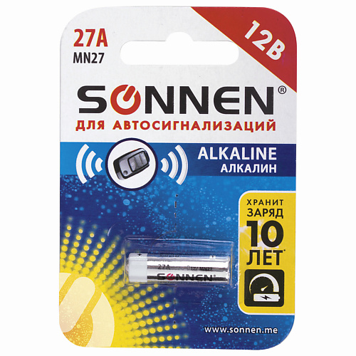 SONNEN Батарейка Alkaline, 27А (MN27) для сигнализаций MPL230087 SONNEN Батарейка Alkaline, 27А (MN27) для сигнализаций - фото 1