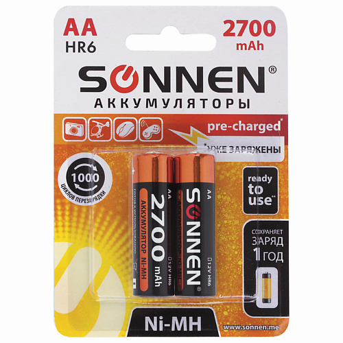 SONNEN Батарейки аккумуляторные, АА (HR6) Ni-Mh 2.0 ночник планета led батарейки lr14 белый 8 5х8 5х9 см