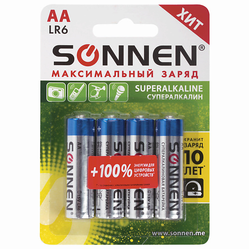 SONNEN Батарейки Super Alkaline, АА (LR6,15А) пальчиковые 4.0 duracell optimum aa alkaline battery 6 pack up to 30 times longer and stronger performance future generation power and innovative packaging