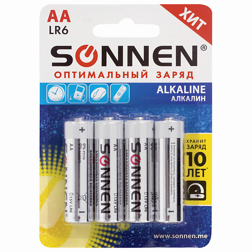 SONNEN Батарейки Alkaline, АА (LR6, 15А) пальчиковые 4.0 duracell optimum aa alkaline battery 6 pack up to 30 times longer and stronger performance future generation power and innovative packaging