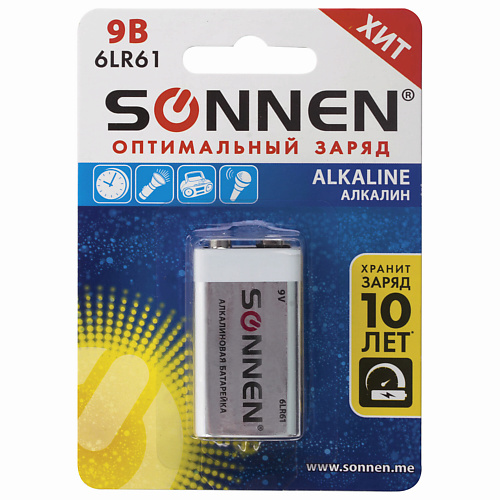SONNEN Батарейка Alkaline, Крона (6LR61, 6LF22, 1604A) 1.0 батарейка smartbuy lr621 364a g01 alkaline алкалиновая 1 5 в блистер 10 шт sbbb ag1 10b