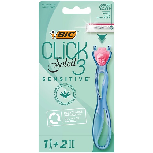 BIC Женская бритва 3 лезвия Click 3 Soleil Sensitive + 2 сменные кассеты 62 bic мужская бритва одноразовая 1 лезвие bic 1 sensitive для мужчин 30