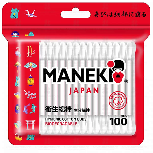 MANEKI Палочки ватные Red с белым бумажным стиком 100 maneki палочки ватные red с белым бумажным стиком 100