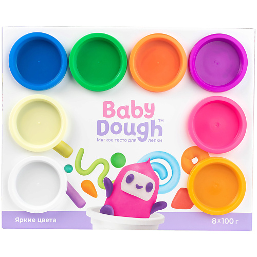 BABY DOUGH Тесто для лепки, набор 8 цветов, яркие. Для малышей 1+ тесто для лепки волшебное тесто динозавр зеленый 150 гр