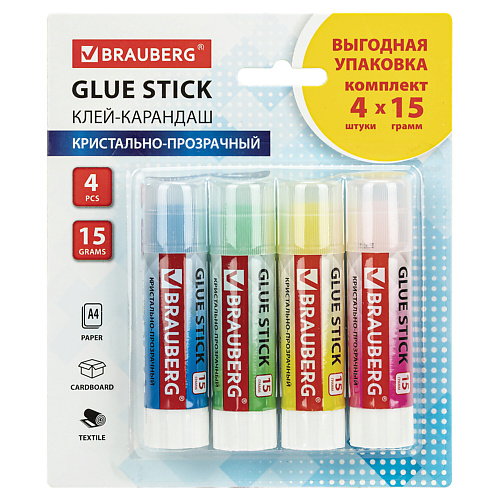 BRAUBERG Клей-карандаш COLOR Crystal 4.0 клей медицинский бф 6 10г