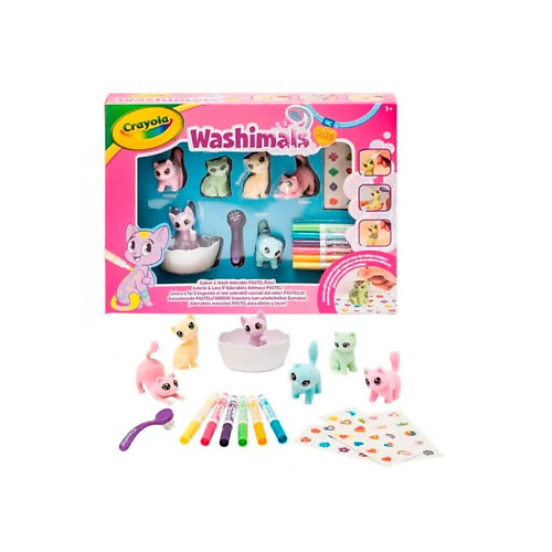 CRAYOLA Настольная игра  Washimals New Bath с цветными фигурками котиков для раскрашивания