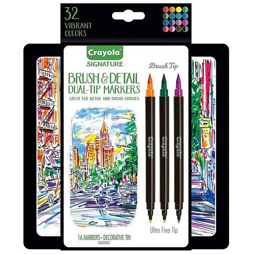CRAYOLA Двусторонние фломастеры в металлическом кейсе  Brush & Detail Double Tip 16.0 architecture inside out 50 iconic buildings in detail