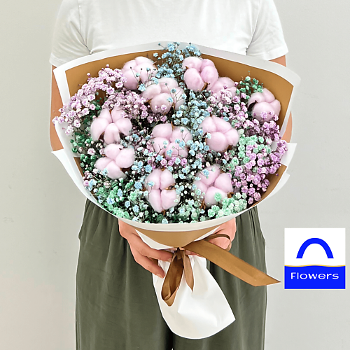 Букет живых цветов ЛЭТУАЛЬ FLOWERS Букет из разноцветной гипсофлилы и хлопка Цветочное суфле