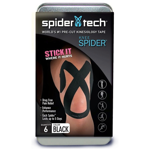 SPIDERTECH Тейп преднарезанный для коленной части 6 штук черный