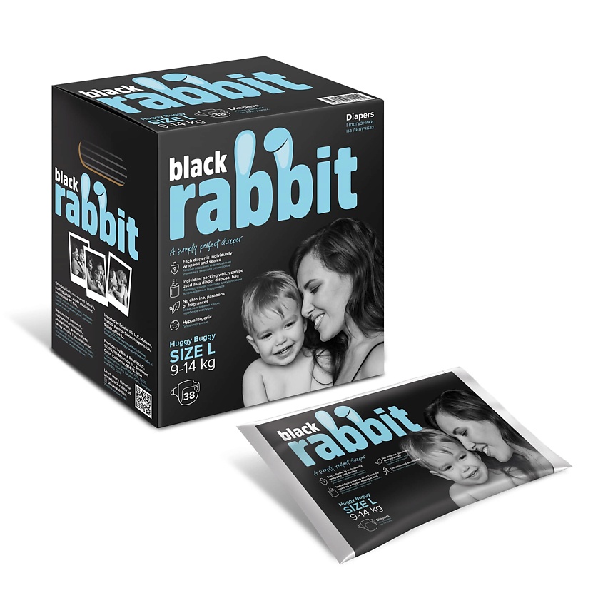 фото Подгузники на липучках, 9-14 кг, l 0.021 мл black rabbit