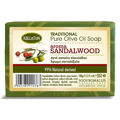 KALLISTON Мыло Traditional Sandalwood натуральное оливковое САНДАЛОВОЕ ДЕРЕВО 100 kalliston мыло traditional lavender натуральное оливковое алоэ вера 100