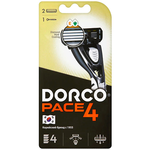 DORCO Бритва с 2 сменными кассетами PACE4, 4-лезвийная 1 gillette бритва с 2 сменными кассетами cо встроенными полосками с гелем для бритья venus comfortglide breeze