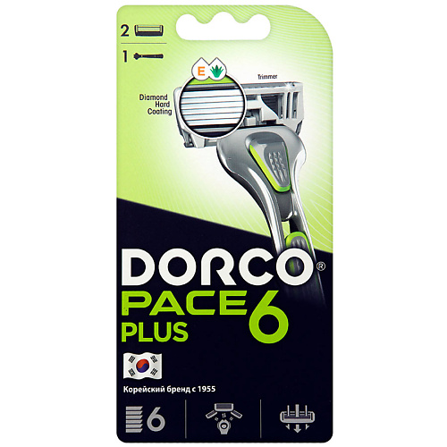 DORCO Бритва с 2 сменными кассетами PACE6 Plus, 6-лезвийная + лезвие-триммер feather триммер мужской для тела одноразовый с двумя бритвами