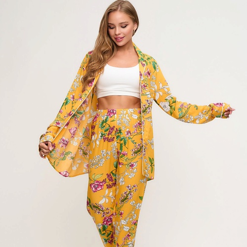 COMFY HOME Пижама желтая с цветочным принтом туника с воротником стойкой и длинным рукавом