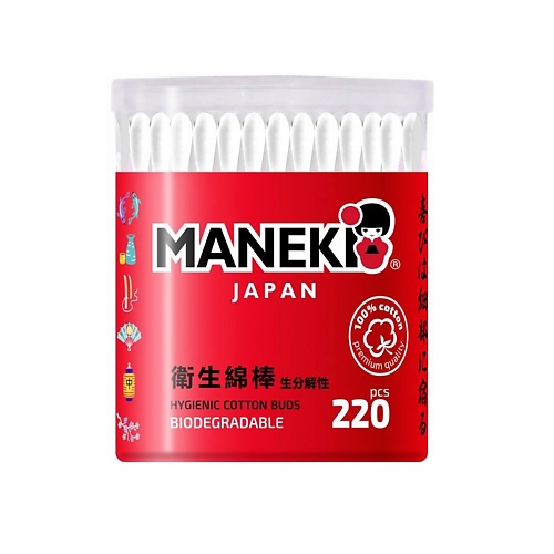 MANEKI Палочки ватные RED с бумажным стиком 220 aura ватные палочки для ежедневного применения pure cotton в полиэтилене с автозапайкой 400 шт