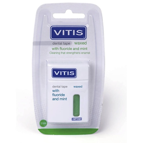 DENTAID Межзубная нить VITIS Waxed Dental Tape FM, плоская, со фтором и мятой, 50 м 50 lp care нить зубная dental вощеная апельсиновая 1 0