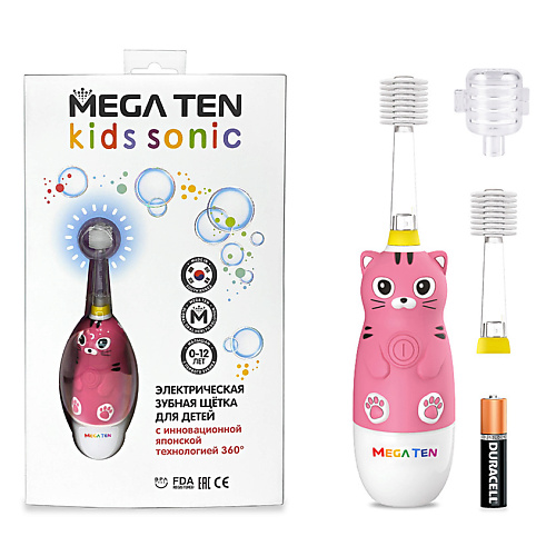 MEGA TEN Электрическая зубная щетка КОТЕНОК В НАБОРЕ KIDS SONIC mega ten электрическая зубная щетка пингвиненок в наборе kids sonic