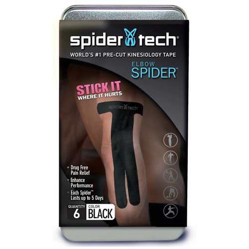 фото Spidertech тейп преднарезанный для локтевой части 6 штук черный