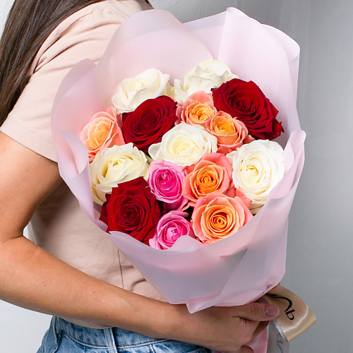 ЛЭТУАЛЬ FLOWERS Букет из разноцветных роз 15 шт. (40 см) лэтуаль flowers композиция из гипсофилы и лаванды в коробке