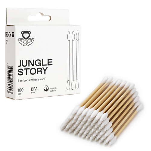 JUNGLE STORY Бамбуковые ватные палочки для снятия макияжа белого цвета 100 jungle story ватные палочки с зелёным ультра мягким хлопком 100