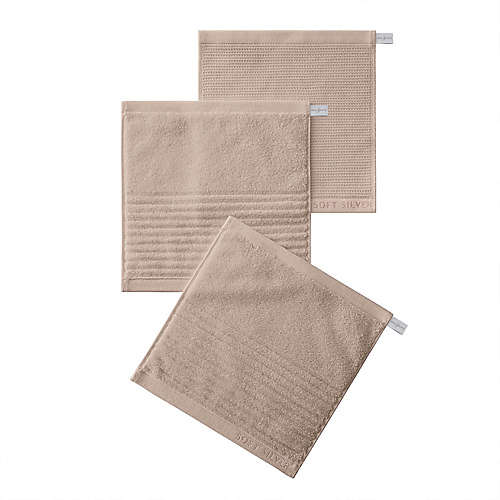 SOFT SILVER Набор Antibacterial Cotton Towels, махровые салфетки 3 шт., 30х30 см. Цвет: «Песчаный берег» (бежевый) мочалка для тела и душа джутовая набор 3 штуки s family 1 м бежевый