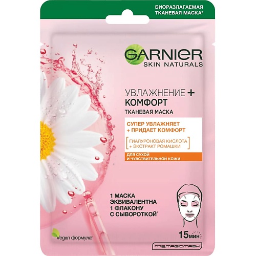 Маска для лица GARNIER Тканевая маска для сухой и чувствительной кожи Увлажнение + Комфорт Skin Naturals маска для лица garnier skin naturals гиалуроновая тканевая 33г