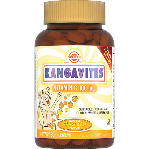 SOLGAR Кангавитес с витамином С 100 со вкусом апельсина для детей 940 мг витаниум аскорбиновая кислота витамин с во вкусом малины