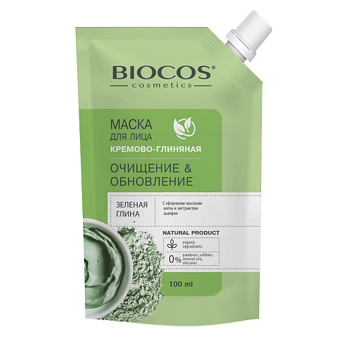 Маска для лица BIOCOS Маска для лица на основе зеленой глины Очищение и Обновление в дойпаке Creen Clay Cleansing and Refreshing