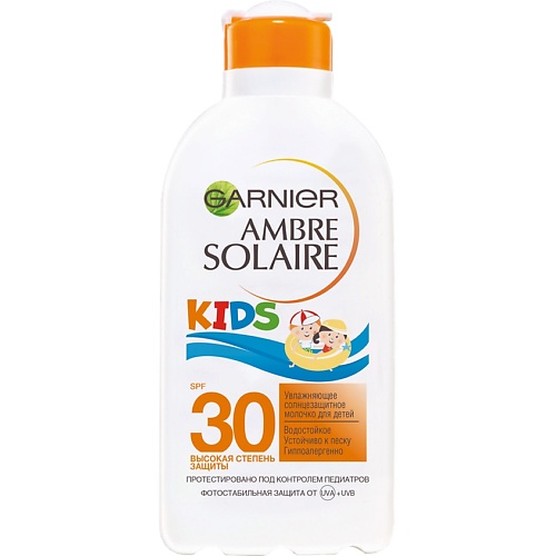 Солнцезащитное молочко для тела GARNIER Детское солнцезащитное молочко для тела увлажняющее, водостойкое, гипоаллергенное Kids Ambre Solaire SPF 30 цена и фото