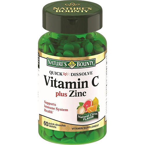 NATURE'S BOUNTY Витамин С плюс цинк 750 мг витаниум аскорбиновая кислота витамин с со вкусом апельсина
