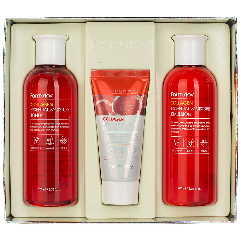 фото Farmstay набор тонер для лица + эмульсия для лица + крем для лица collagen essential moisture skin care 3 set