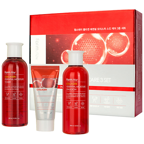 фото Farmstay набор тонер для лица + эмульсия для лица + крем для лица collagen essential moisture skin care 3 set