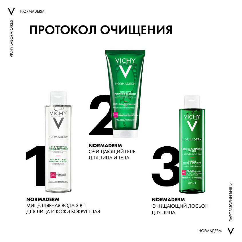 VICHY Мицеллярный лосьон для снятия макияжа 3 в 1 Normaderm, фото 3