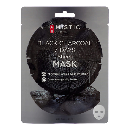 MISTIC Тканевая маска для лица с древесным углём Black Charcoal 7 Days Sheet Mask пелёнки впитывающие гелевые с углём elitepad active carbon 60х60см 10шт уп
