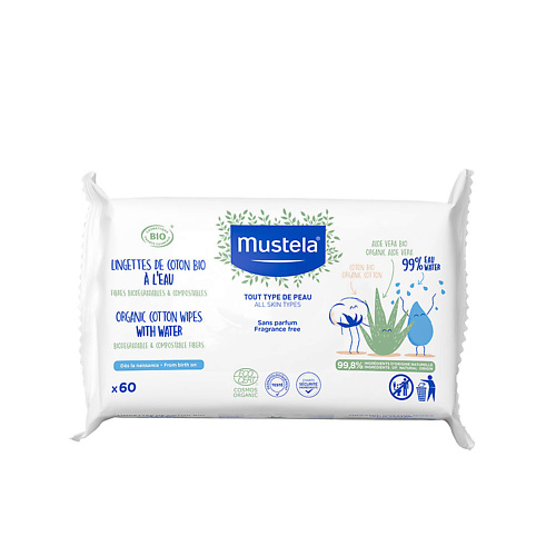 

MUSTELA Влажные салфетки с алоэ вера Organic Cotton Water Wipes, без парфюмерной отдушки 60.0, Влажные салфетки с алоэ вера Organic Cotton Water Wipes, без парфюмерной отдушки