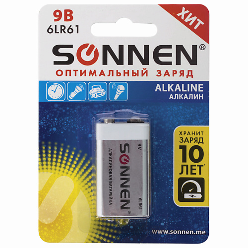 

SONNEN Батарейка Alkaline, Крона (6LR61, 6LF22, 1604A) 1.0, Батарейка Alkaline, Крона (6LR61, 6LF22, 1604A)