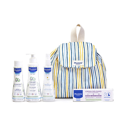 MUSTELA Набор для купания и ухода за кожей малыша Little Moments Polka Striped Backpack