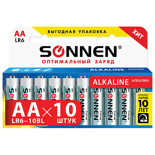 

SONNEN Батарейки Alkaline, АА (LR6, 15А) пальчиковые 10.0, Батарейки Alkaline, АА (LR6, 15А) пальчиковые