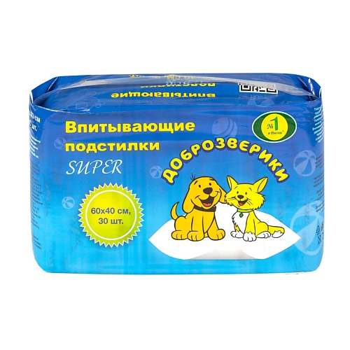 

ДОБРОЗВЕРИКИ Пеленки одноразовые впитывающие для животных, 60х40 см Super, Пеленки одноразовые впитывающие для животных, 60х40 см Super