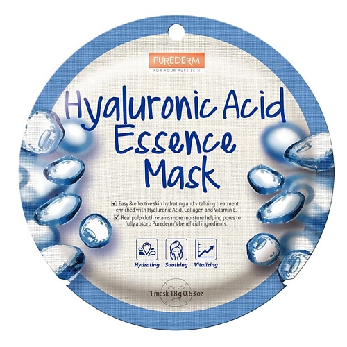 PUREDERM Маска коллагеновая с гиалуроновой кислотой Hyaluronic Acid Essence Mask japan gals маска с плацентой и витамином c pure essence placenta 7 шт